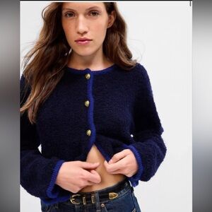 GAP Boucle Cropped Sweater Jacket Navy Blue Women's Jacket with Gold Buttons L